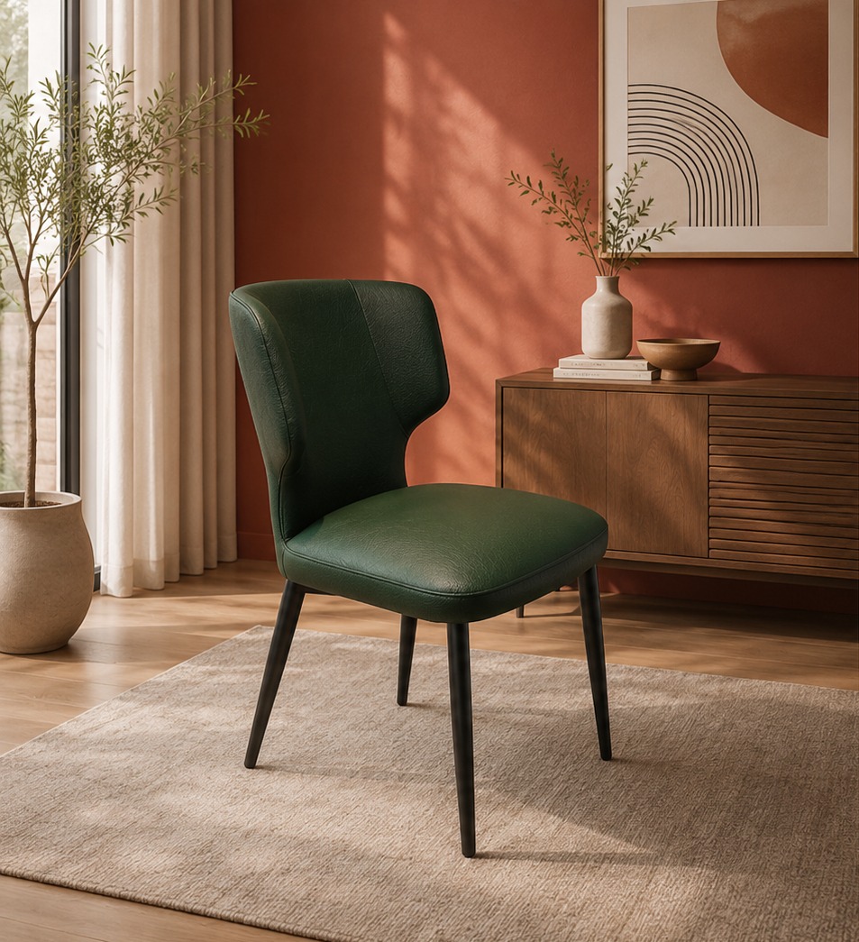Deyora dining chair in forest green PU leather in a warm interior