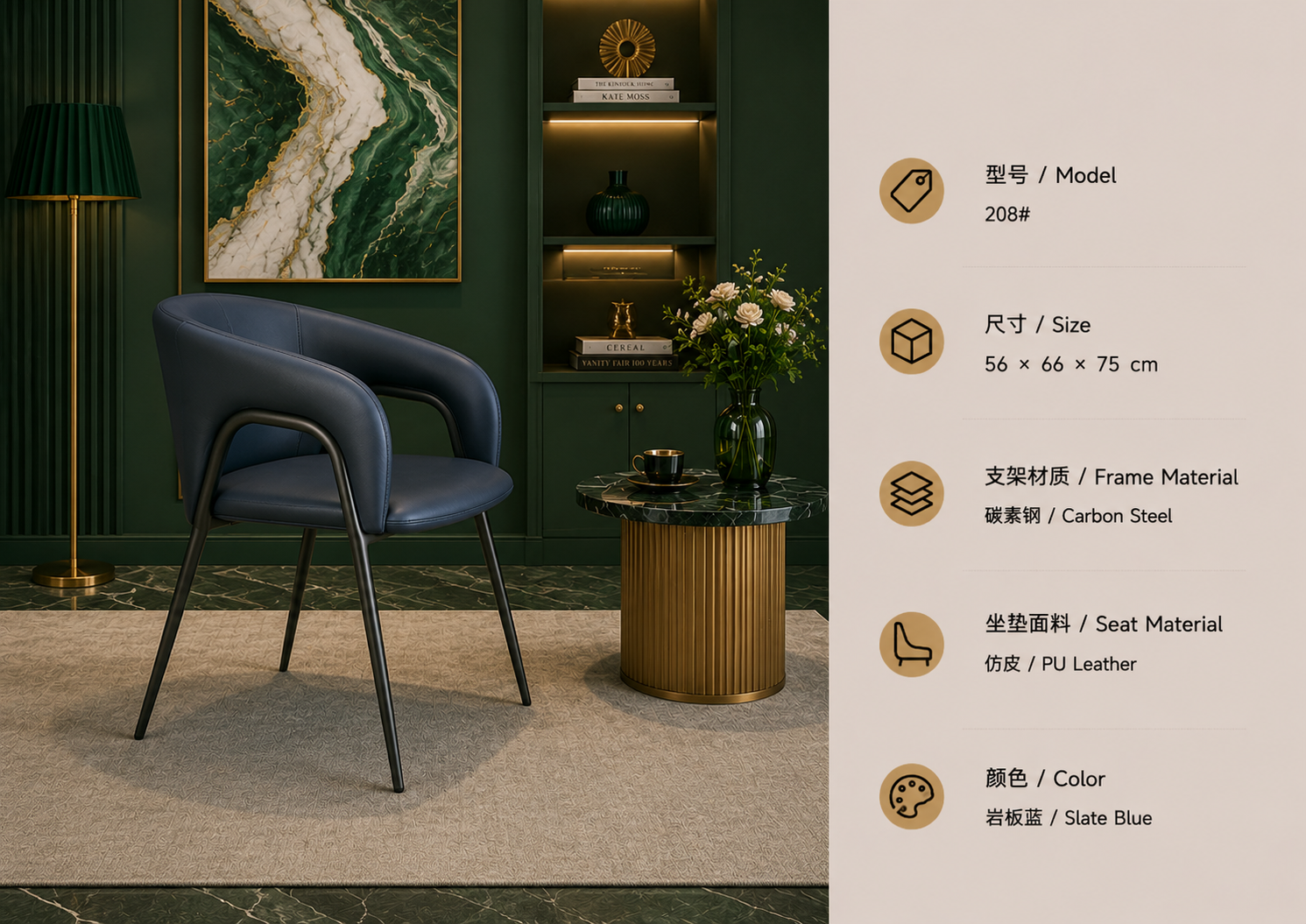 208 dining lounge chair with pu leather upholstery and steel frame
