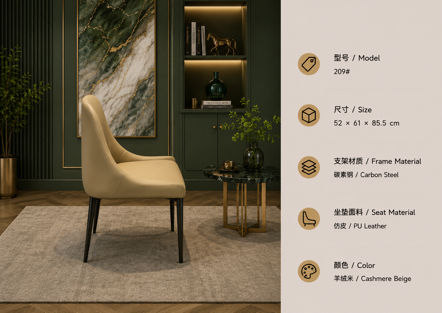 209 dining lounge chair in cashmere beige with pu leather upholstery and steel frame in a luxury interior