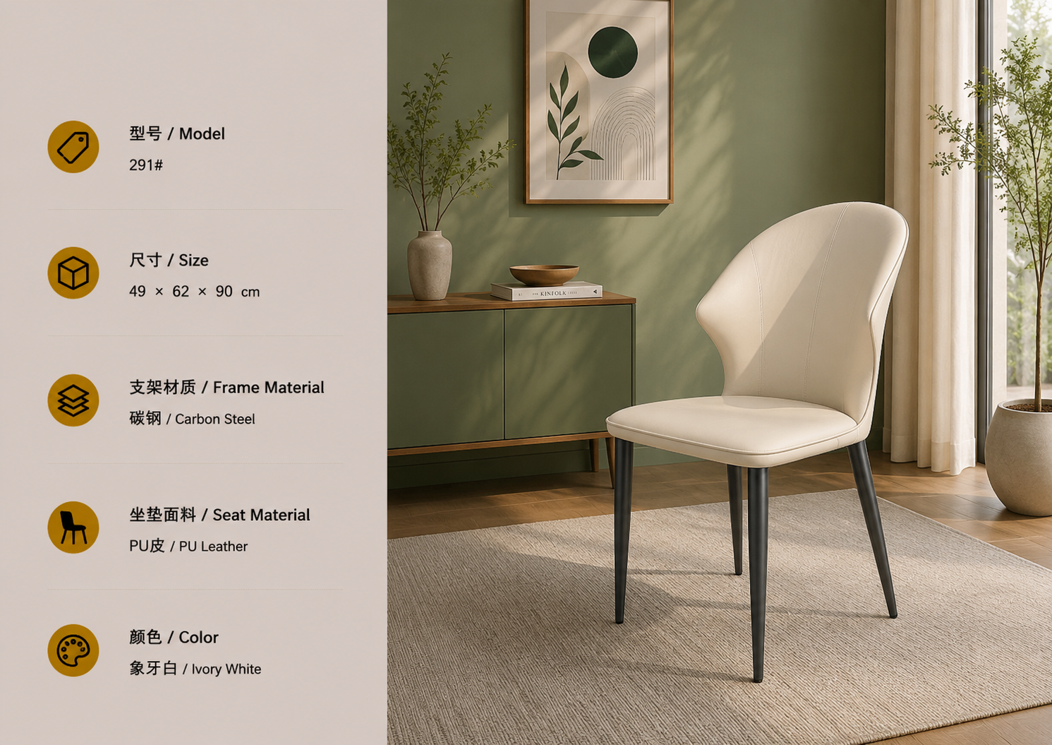 291 dining chair in ivory white with pu leather upholstery and steel frame in a bright cozy interior