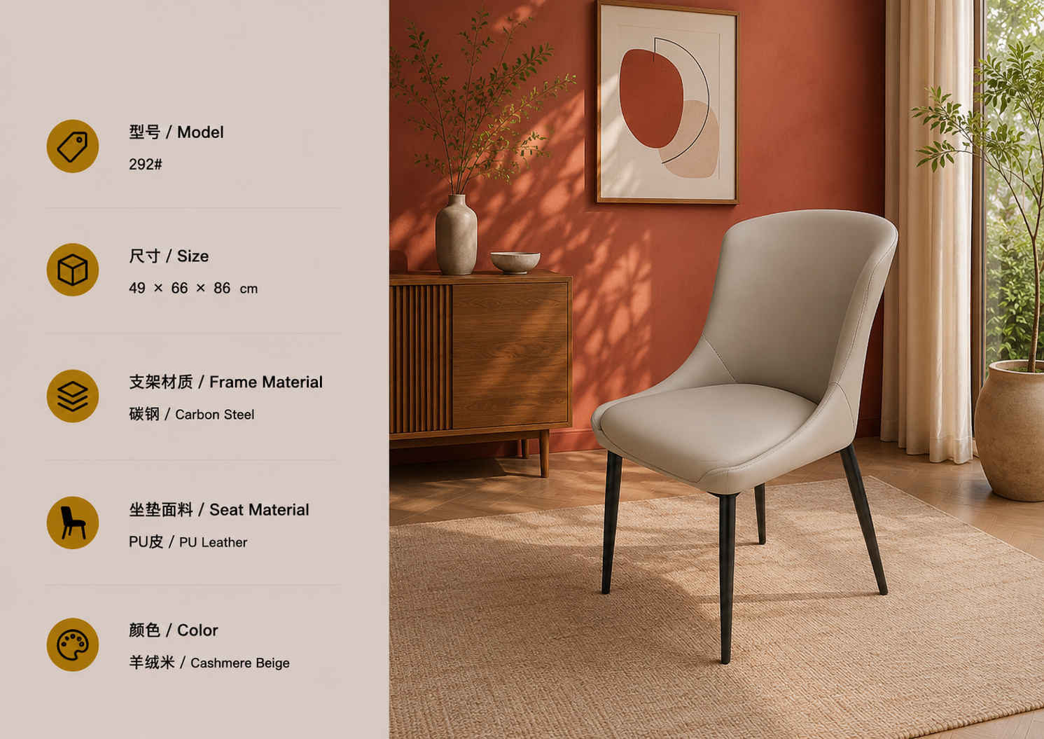 292 dining chair in cashmere beige with pu leather upholstery and steel frame in a luxury interior