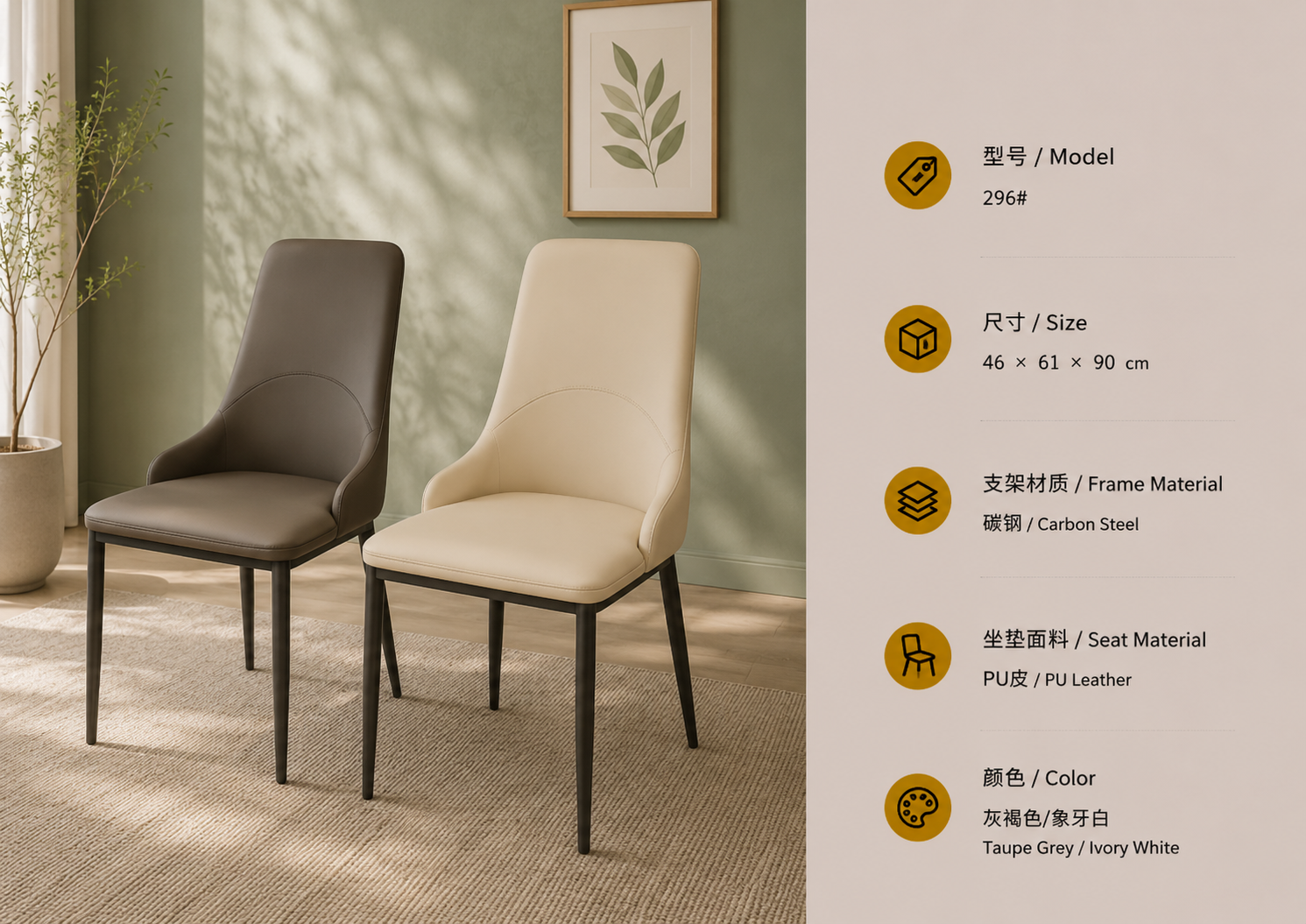 296 dining chair in grey brown with pu leather upholstery and steel frame in a bright cozy interior