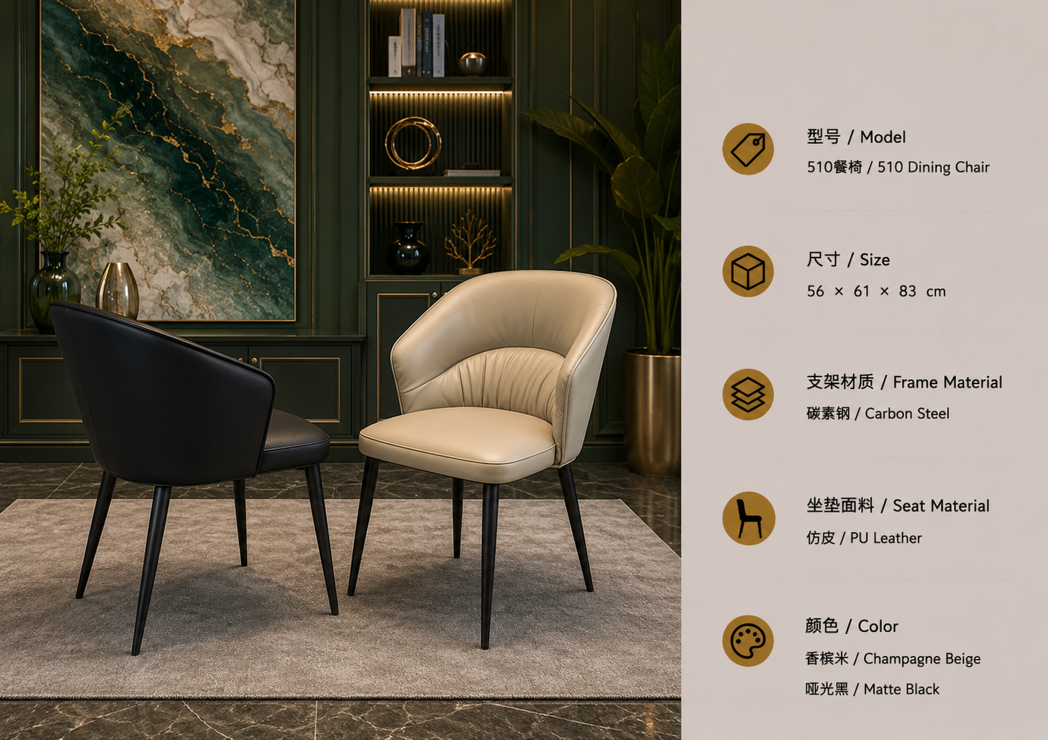 510 dining chair in beige with pu leather upholstery and steel frame in a luxury interior