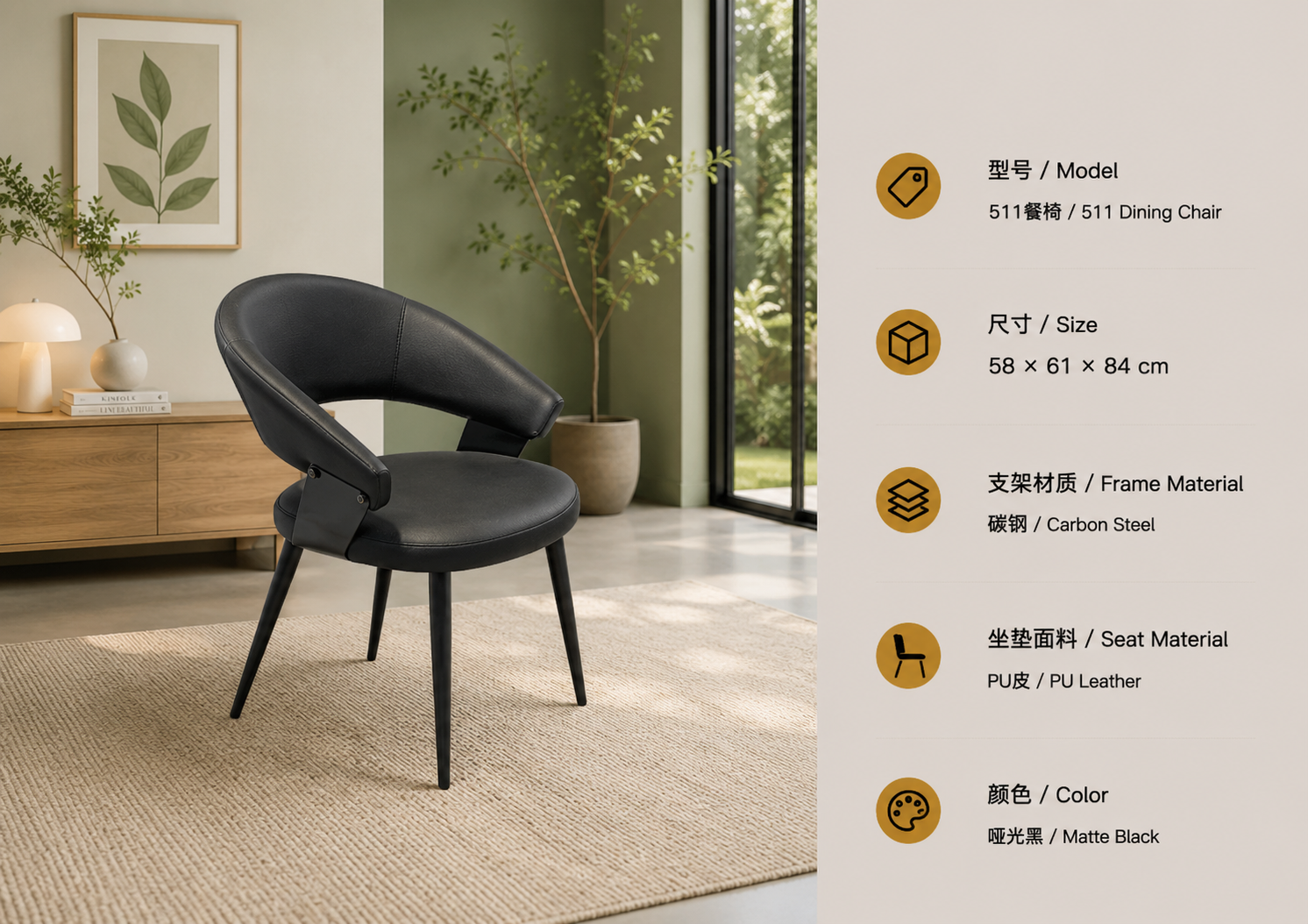 511 dining chair with pu leather upholstery and steel frame in a bright cozy interior