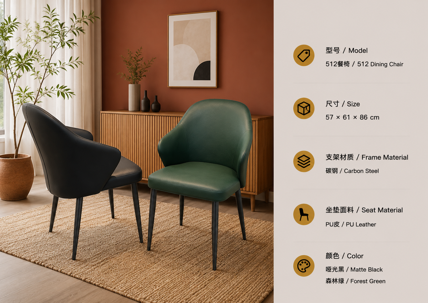 512 dining chair with pu leather upholstery and steel frame in a luxury interior