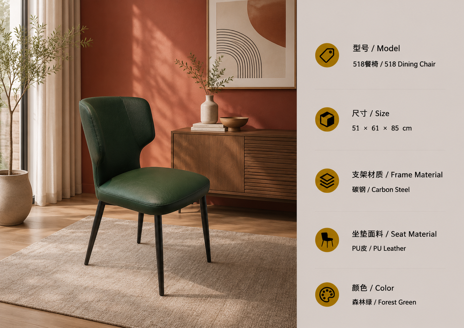 518 dining chair in forest green with pu leather upholstery and steel frame in a luxury interior
