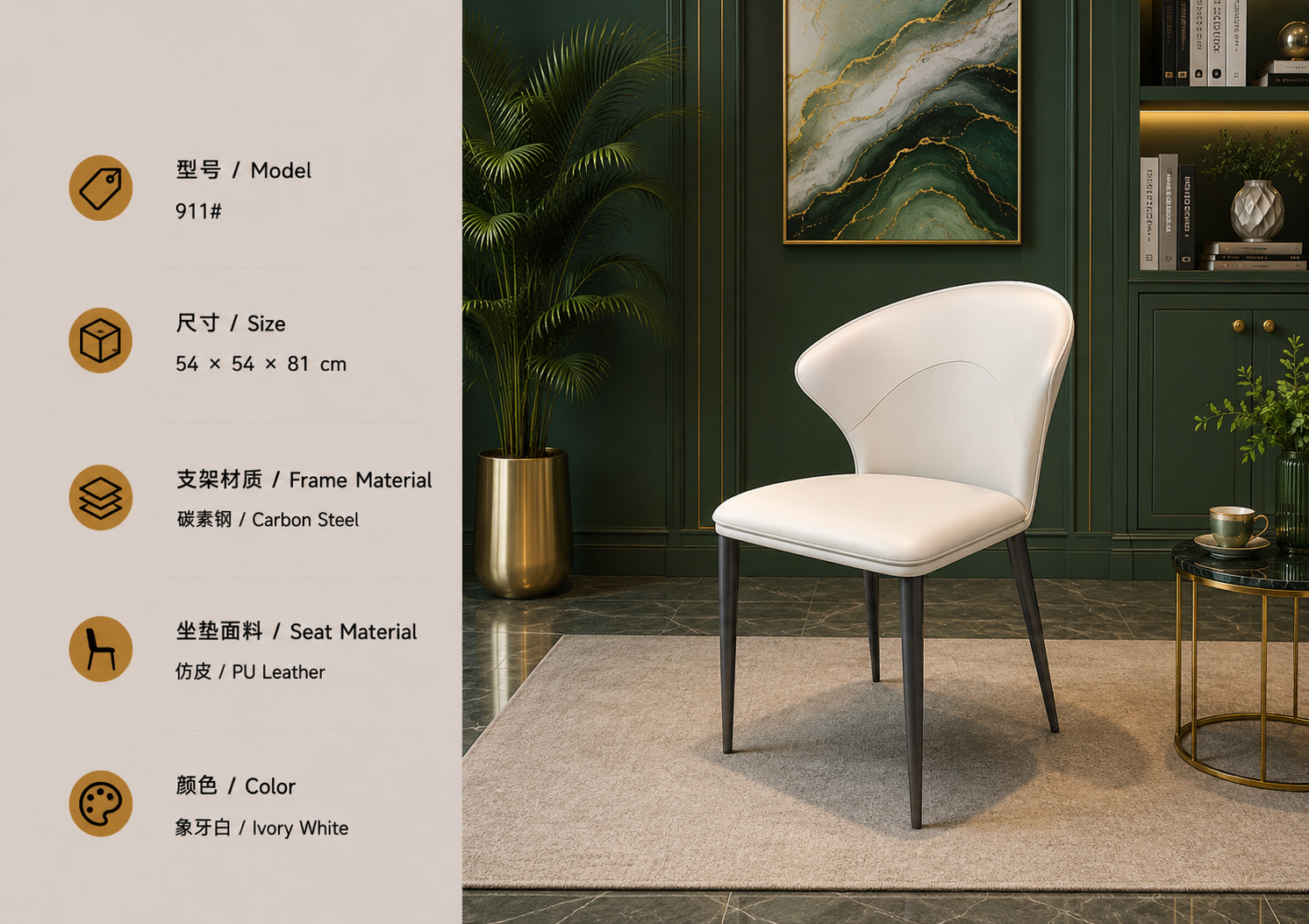 911 dining chair in ivory white with pu leather upholstery and steel frame in a luxury interior
